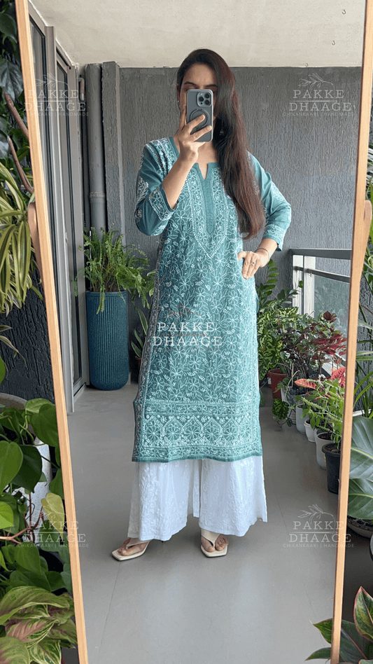 Roohi Pure Mulmul Cotton Kurta - Teal Green