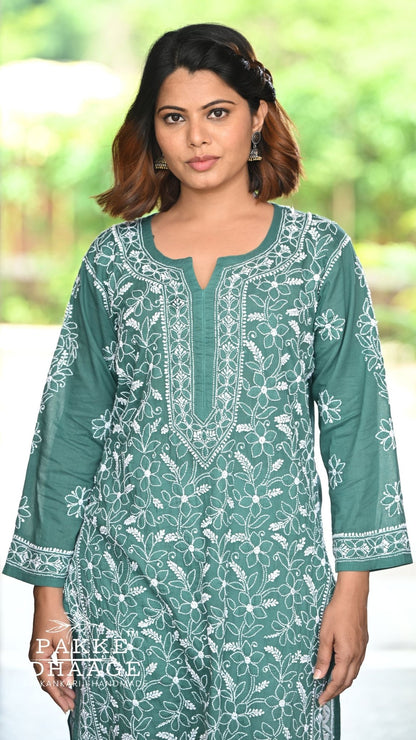 Roohi Pure Mulmul Cotton Kurta - Teal Green