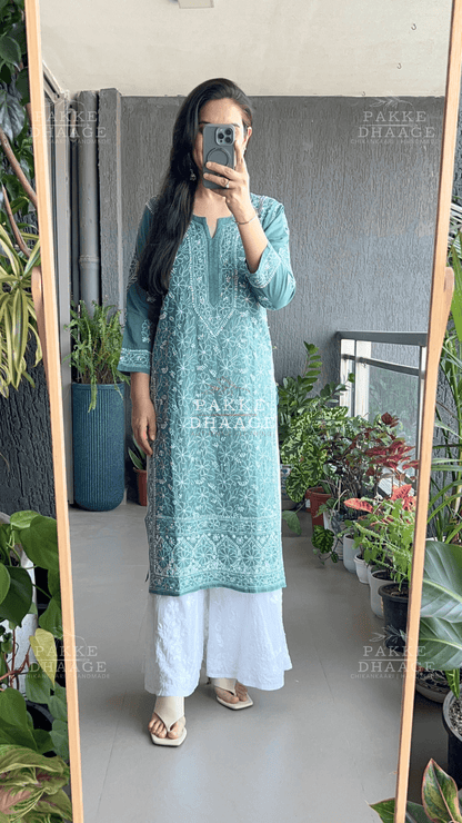 Roohi Pure Mulmul Cotton Kurta - Teal Green