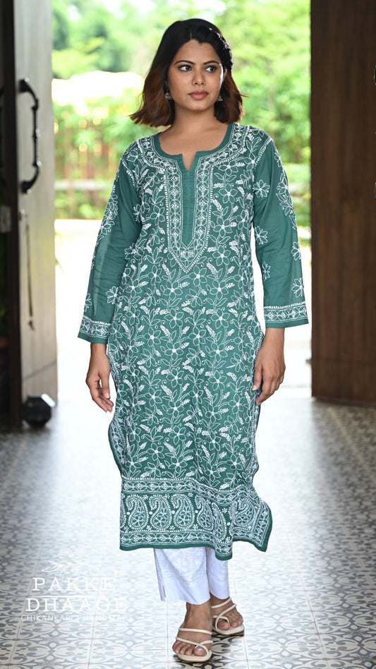 Roohi Pure Mulmul Cotton Kurta - Teal Green