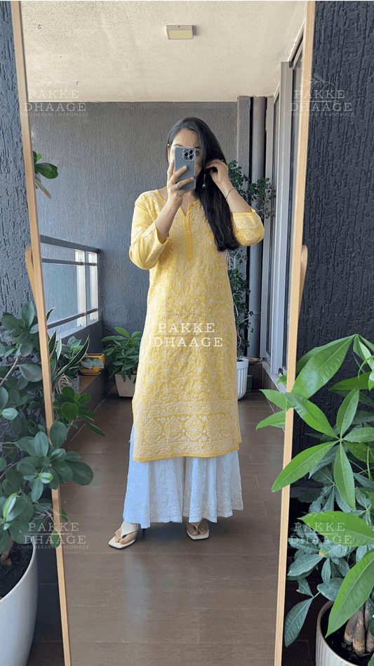 Roohi Pure Mulmul Cotton Kurta - Yellow