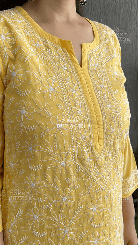 Roohi Pure Mulmul Cotton Kurta - Yellow