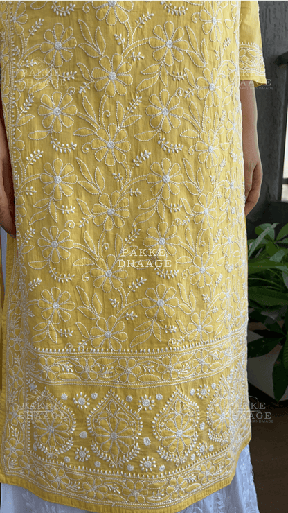 Roohi Pure Mulmul Cotton Kurta - Yellow