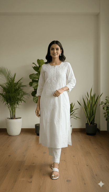 Rose Pure Mulmul Cotton Kurta - Milky White