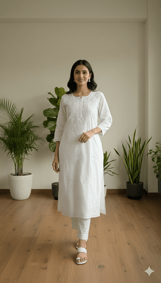 Rose Pure Mulmul Cotton Kurta - Milky White