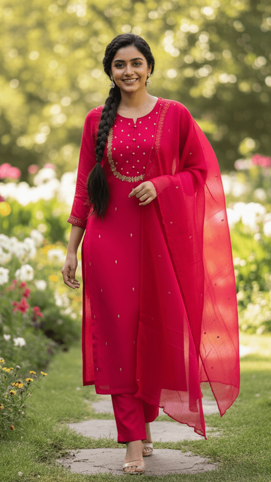 Woman in a red traditional outfit standing in a garden