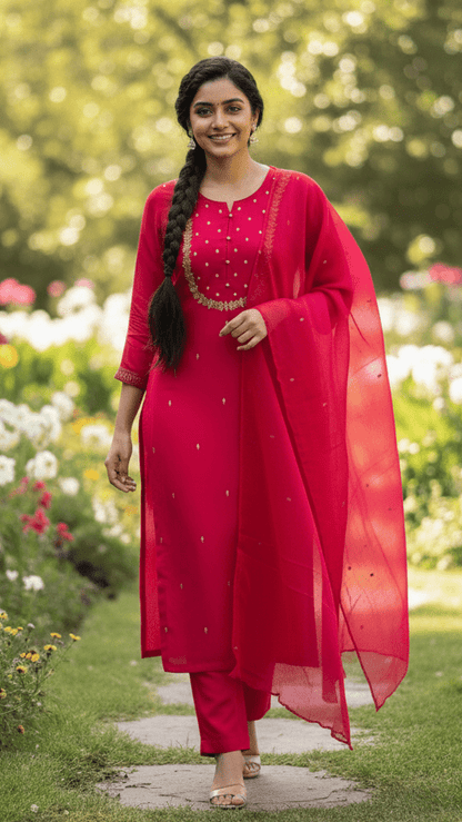 Woman in a red traditional outfit standing in a garden