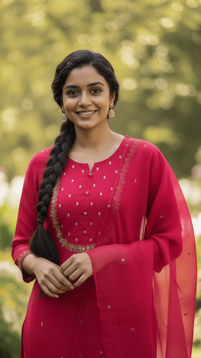 Woman in a red traditional outfit with a blurred green background