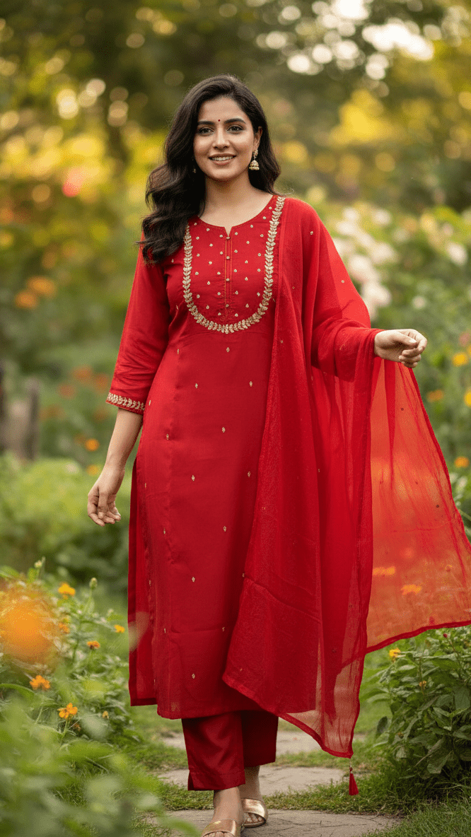 Woman in a red traditional outfit standing in a garden with greenery and flowers.