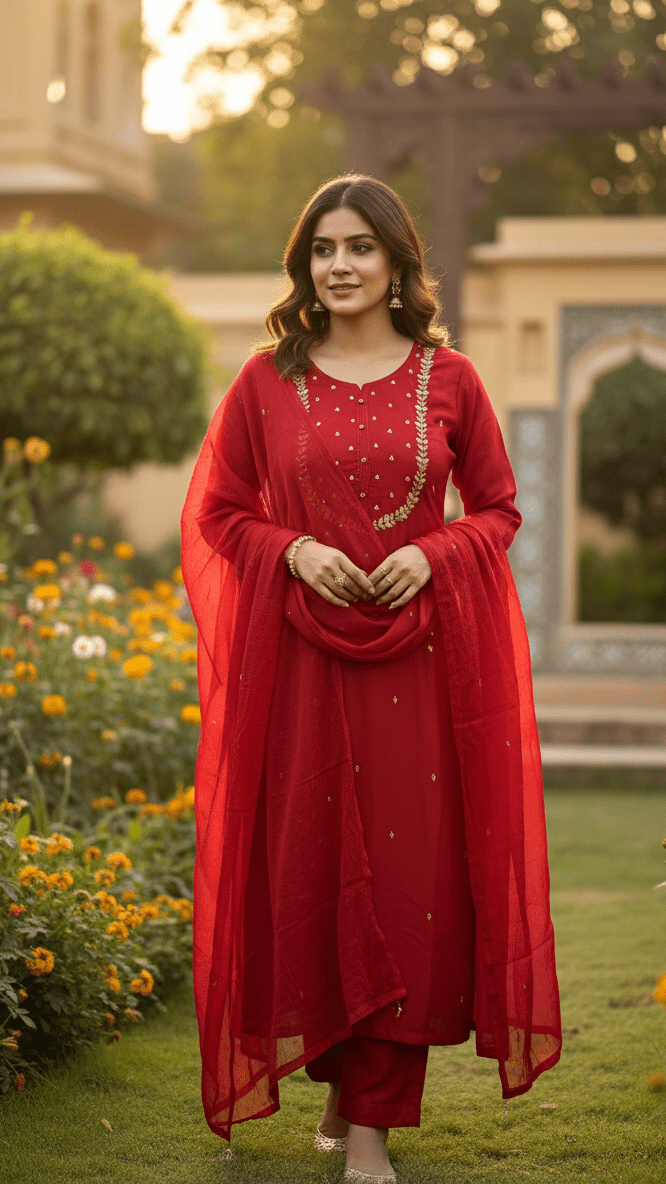 Woman in a red traditional outfit standing in a garden with flowers and architectural elements in the background.