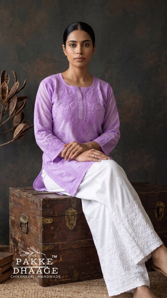 Rumi Pure Cotton Chikankari Knee Length Kurti - Lilac