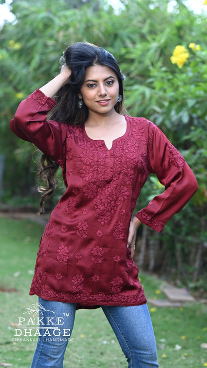 Saira Pure Modal Satin Short Kurtis Deep Burgundy
