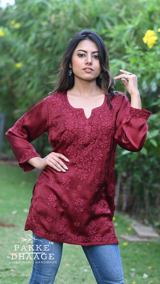 Saira Pure Modal Satin Short Kurtis Deep Burgundy