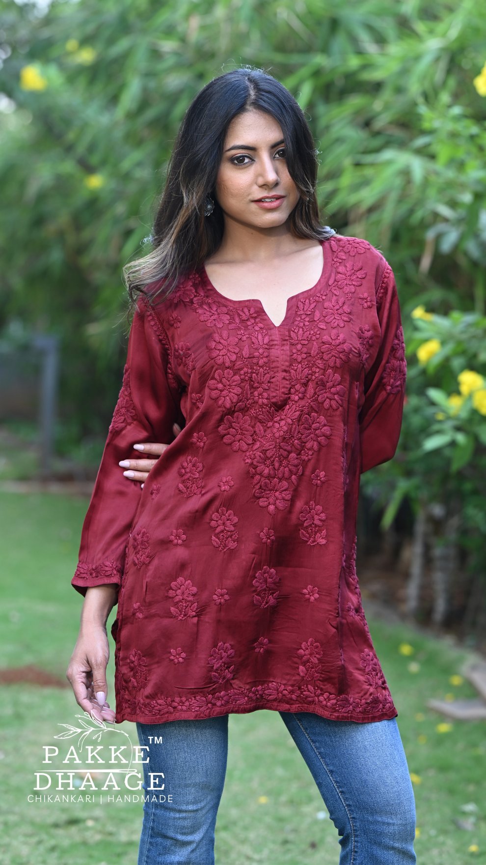 Saira Pure Modal Satin Short Kurtis Deep Burgundy