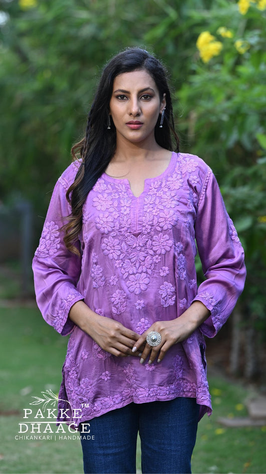 Saira Pure Modal Satin Short Kurtis Orchid purple