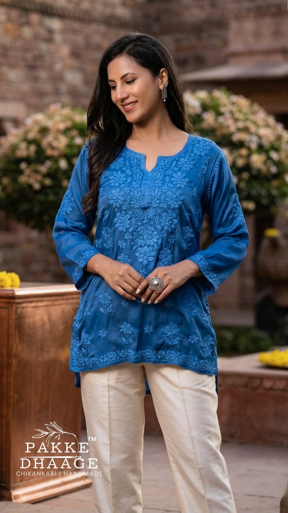 Saira Pure Modal Satin Short Kurtis Persian Blue