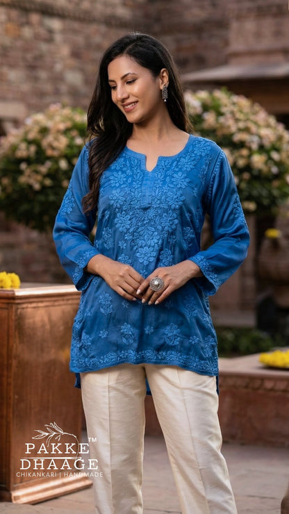 Saira Pure Modal Satin Short Kurtis Persian Blue