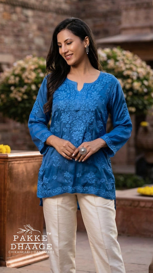 Saira Pure Modal Satin Short Kurtis Persian Blue