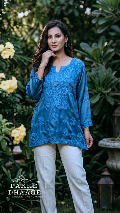Saira Pure Modal Satin Short Kurtis Persian Blue