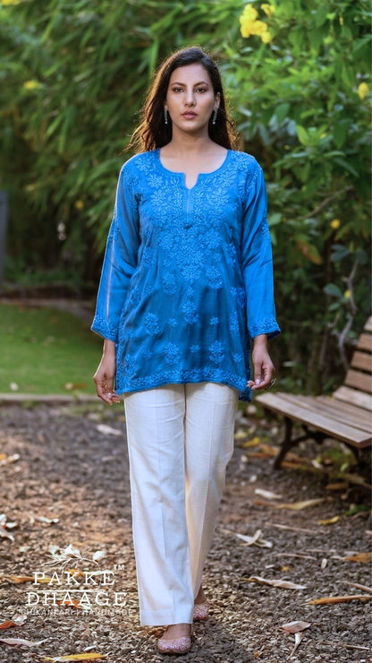 Saira Pure Modal Satin Short Kurtis Persian Blue