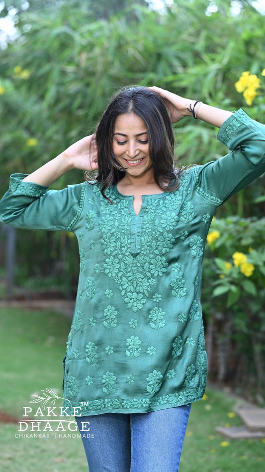 Saira Pure Modal Satin Short Kurtis Pine Green