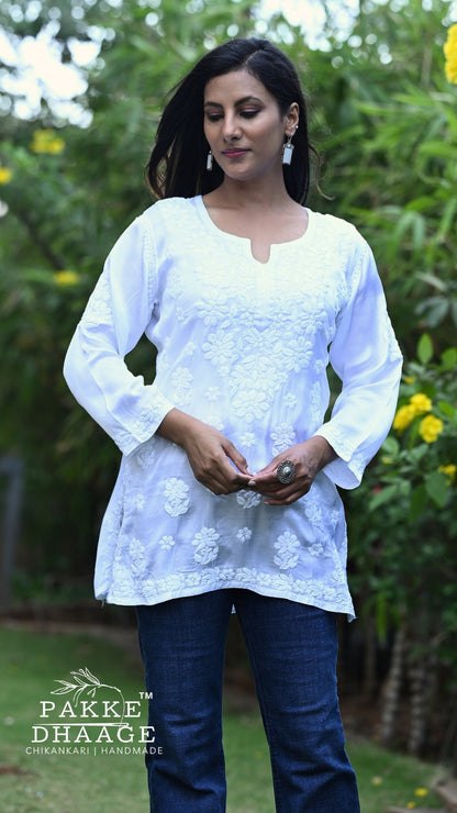 Saira Pure Modal Satin Short Kurtis Pristine White