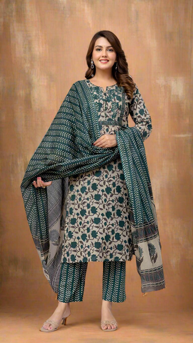 Woman wearing a floral dress with a matching dupatta against a textured background