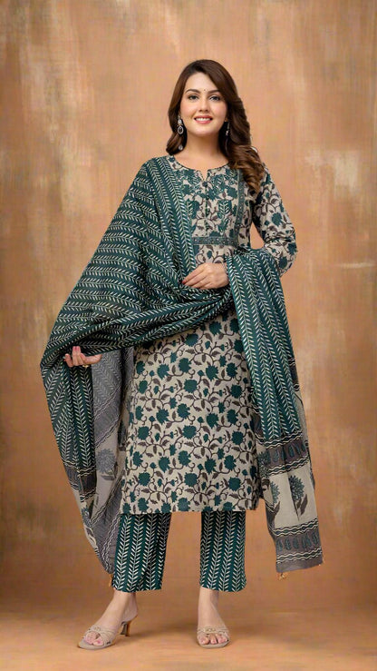 Woman wearing a floral dress with a matching dupatta against a textured background