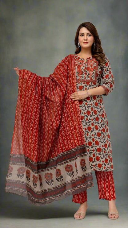 Woman wearing a floral dress and red dupatta against a white background