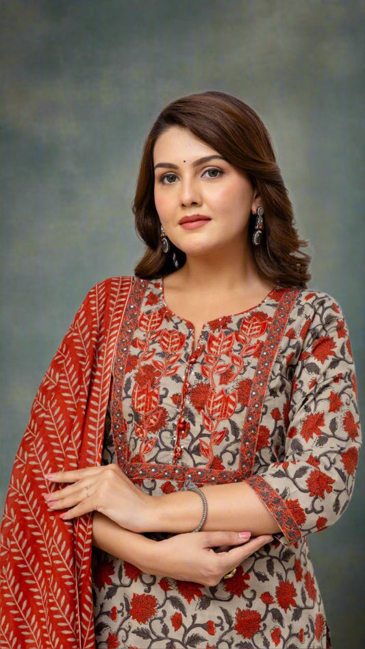 Woman wearing a patterned outfit with a red dupatta against a white background