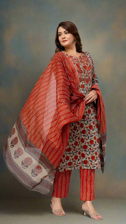 Woman wearing a traditional outfit with a red and beige dupatta against a white background