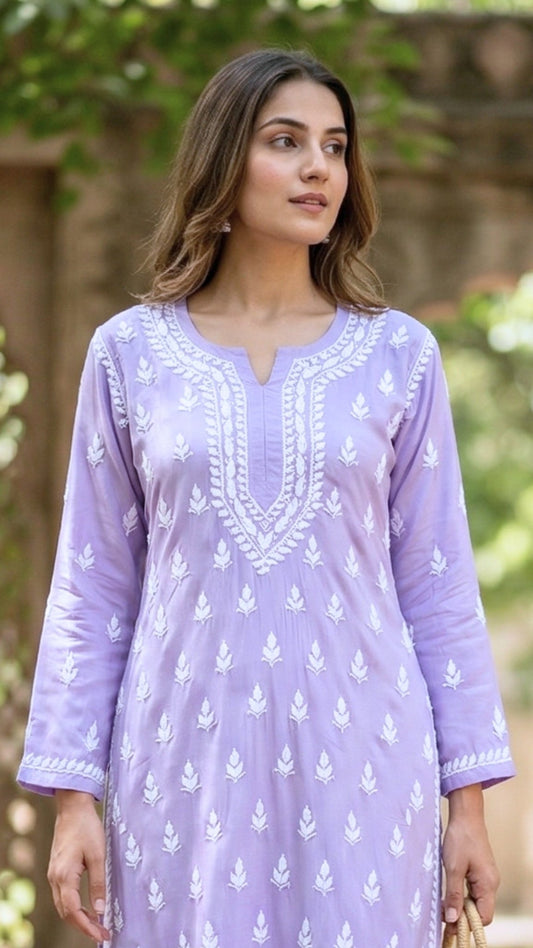 Sana Premium Modal Chikankari Kurta Pant 2PC Set Lavender Mist