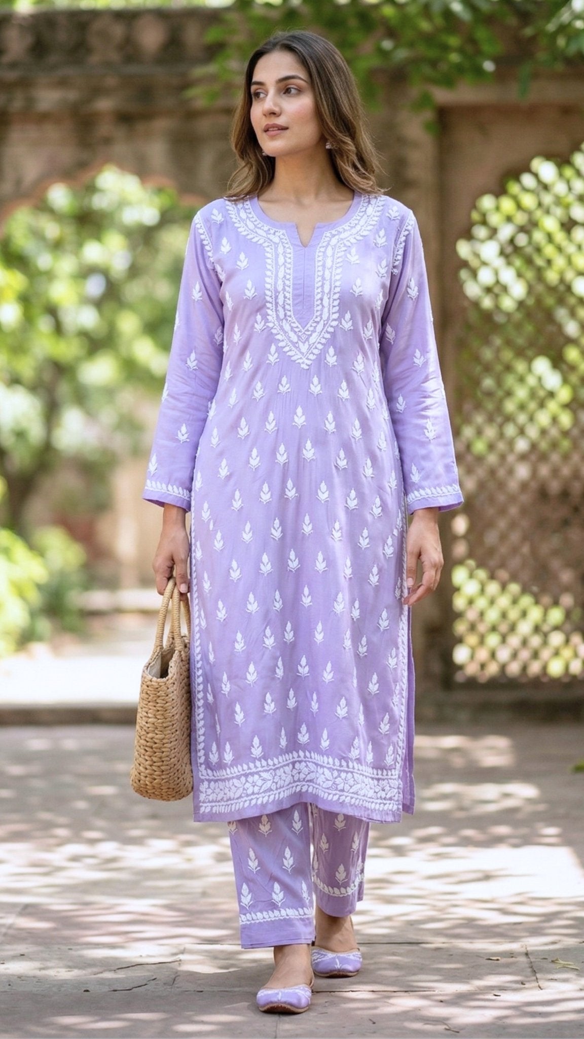 Sana Premium Modal Chikankari Kurta Pant 2PC Set Lavender Mist