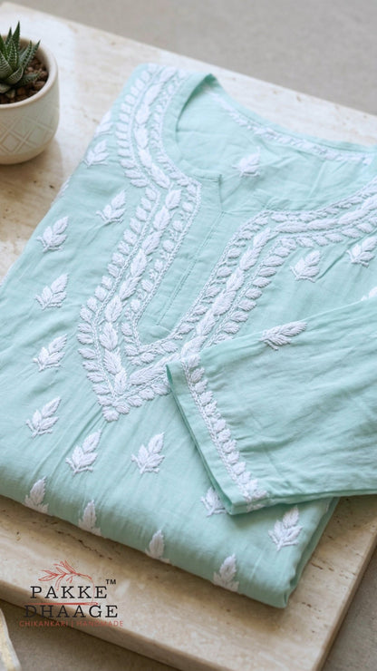 Sana Premium Modal Chikankari Kurta Pant 2PC Set - Soft Mint