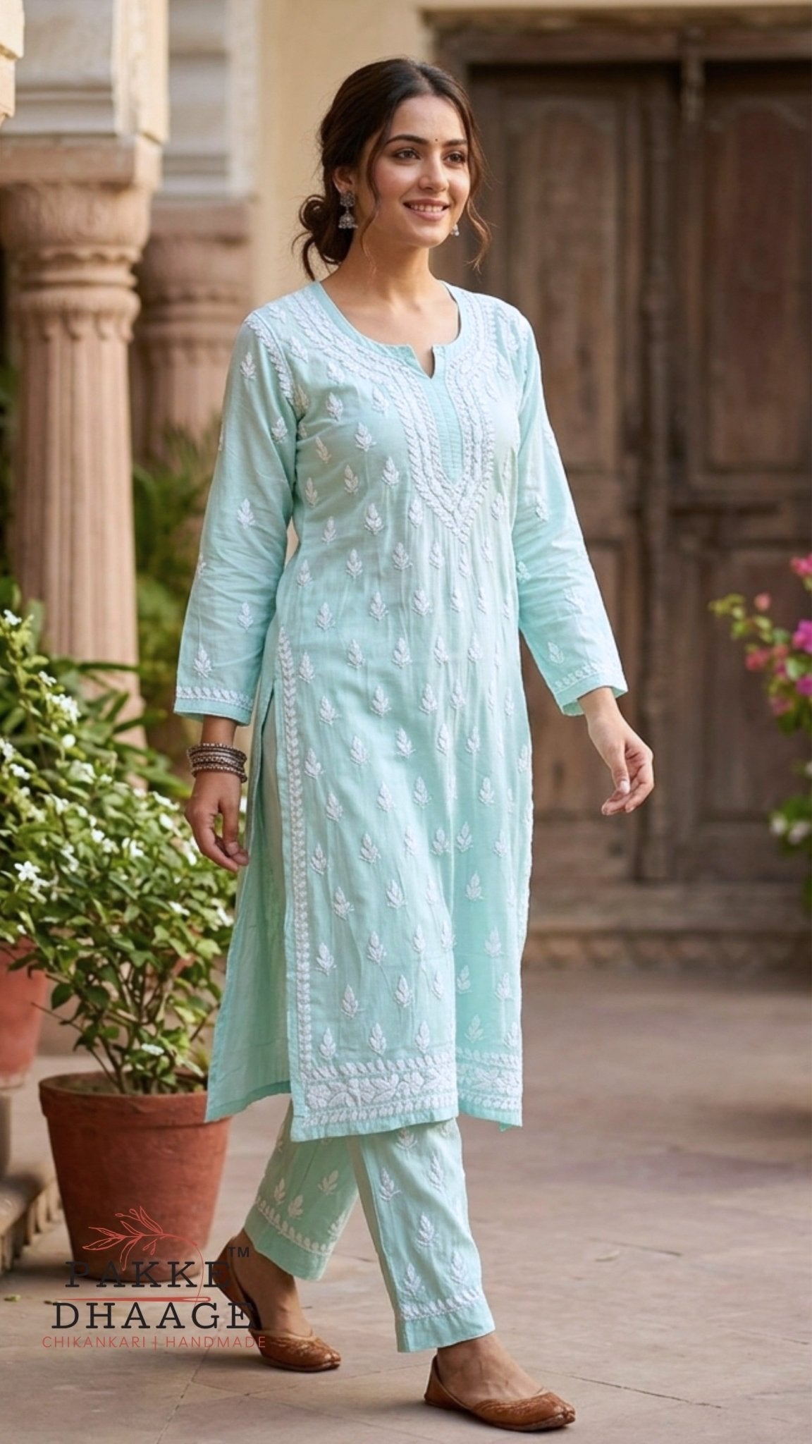 Sana Premium Modal Chikankari Kurta Pant 2PC Set - Soft Mint
