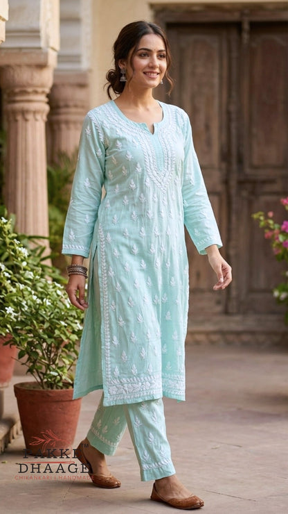 Sana Premium Modal Chikankari Kurta Pant 2PC Set - Soft Mint