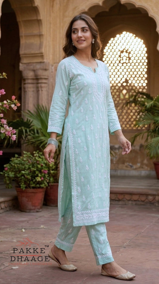 Sana Premium Modal Chikankari Kurta Pant 2PC Set - Soft Mint