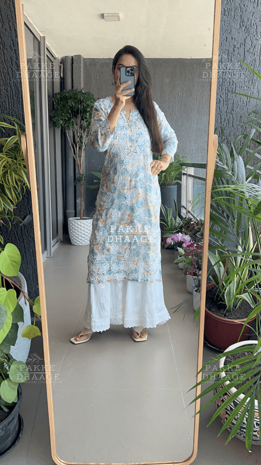 Sana Printed Pure Mulmul Kurta - Crystal Blue