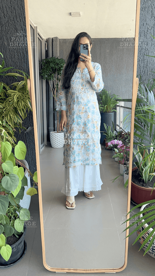 Sana Printed Pure Mulmul Kurta - Crystal Blue