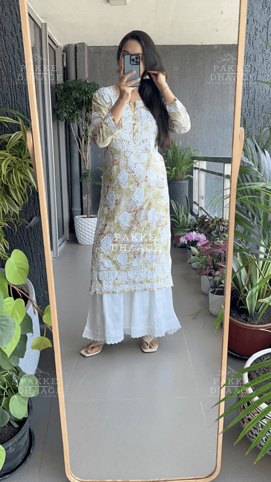 Sana Printed Pure Mulmul Kurta - Shadow Lime