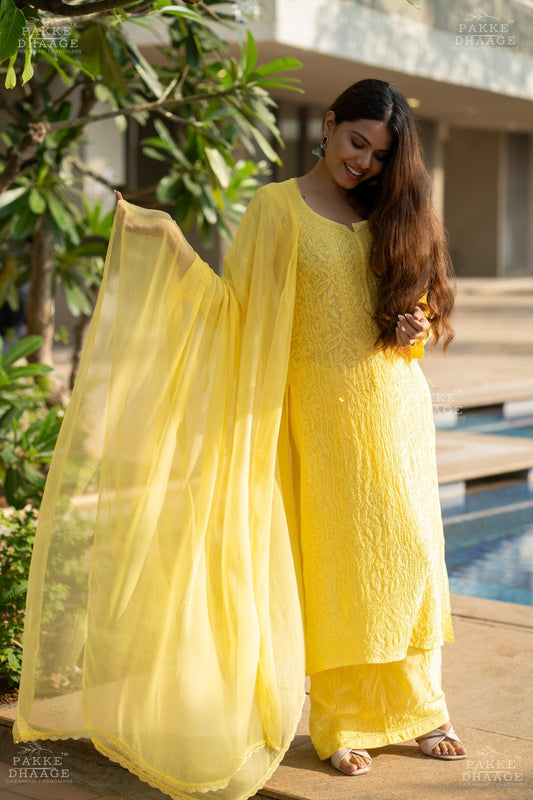 Sarah Resham Dhaaga Pure Muslin Kurta & Kurta Sets - Illuminating Yellow