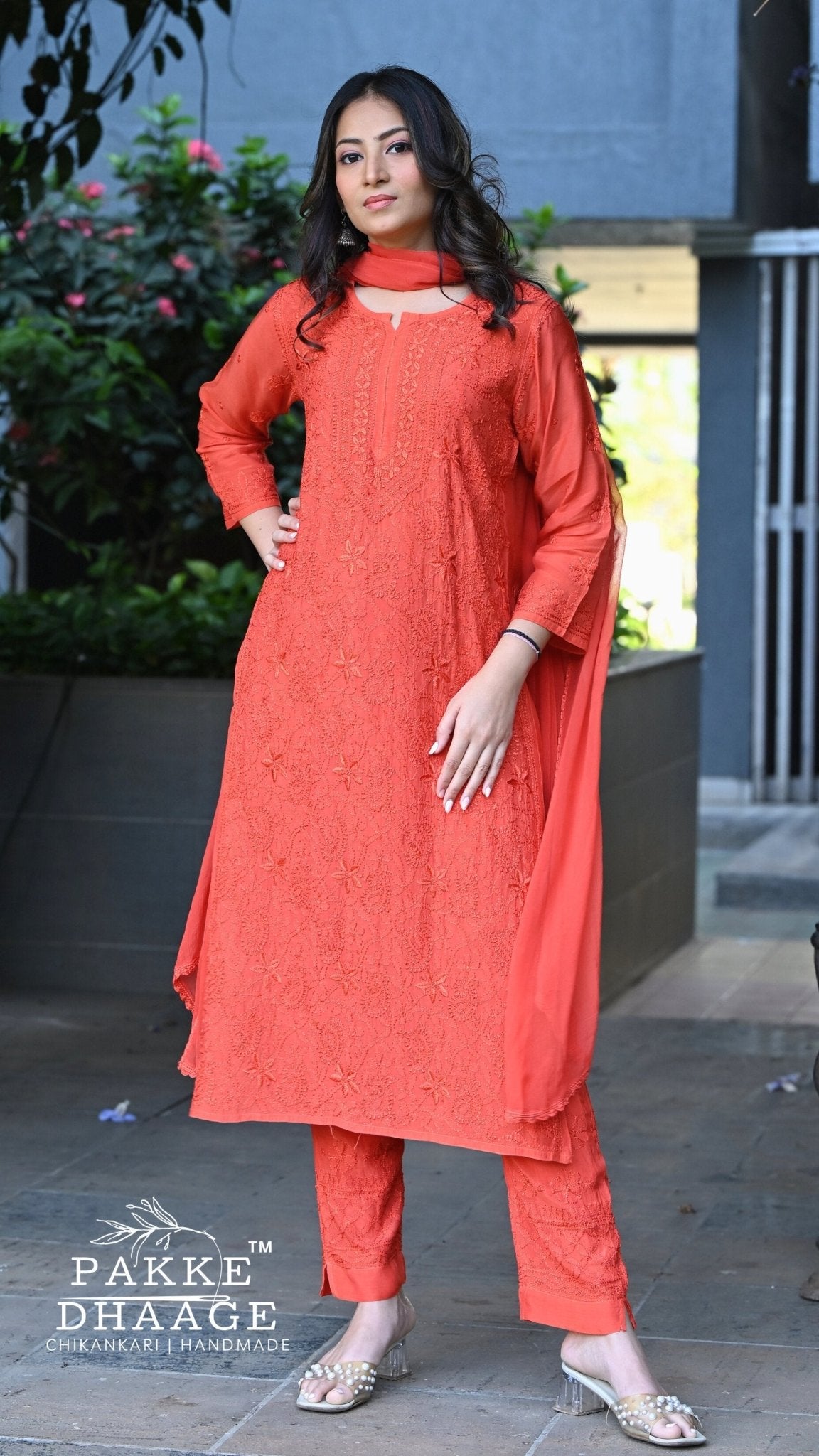 Sarah Resham Dhaaga Pure Muslin Kurta & Kurta Sets - Paprika Orange