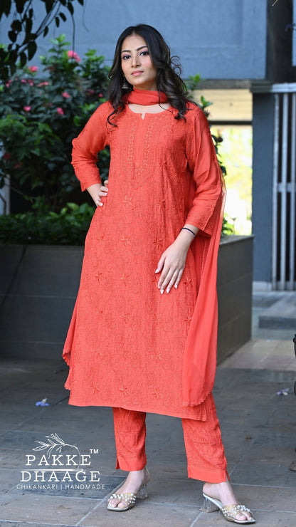 Sarah Resham Dhaaga Pure Muslin Kurta & Kurta Sets - Paprika Orange
