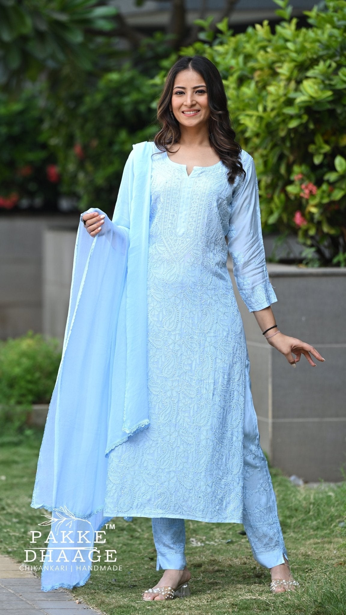 Sarah Resham Dhaaga Pure Muslin Kurta & Kurta Sets - Powder Blue