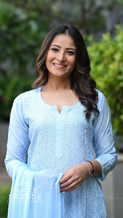Sarah Resham Dhaaga Pure Muslin Kurta & Kurta Sets - Powder Blue