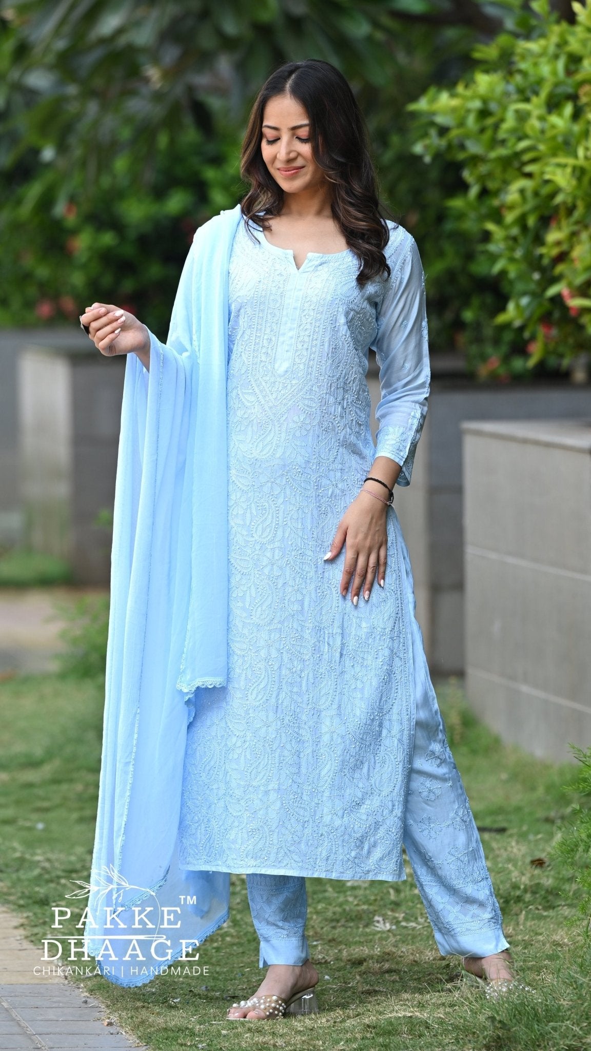Sarah Resham Dhaaga Pure Muslin Kurta & Kurta Sets - Powder Blue