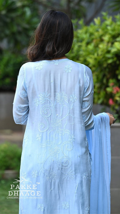 Sarah Resham Dhaaga Pure Muslin Kurta & Kurta Sets - Powder Blue