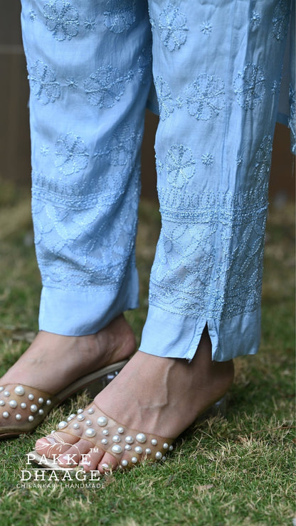 Sarah Resham Dhaaga Pure Muslin Kurta & Kurta Sets - Powder Blue