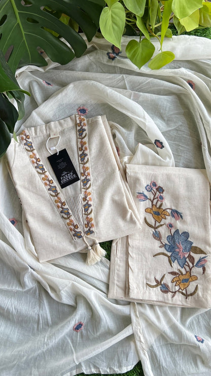 Serene Blossom Pure Cotton 3pc Suit Set - Ivory