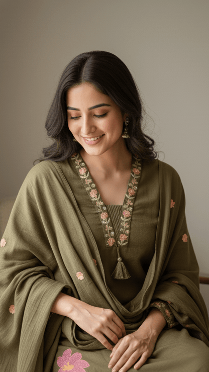 Serene Blossom Pure Cotton 3pc Suit Set - Mehendi Green